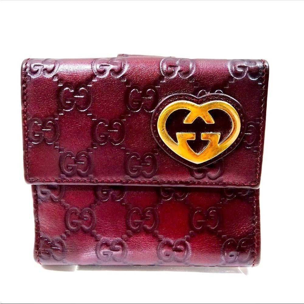 Gucci Burgundy Bifold Wallet Guccissima Lovely Heart French Flap Compact Wallet